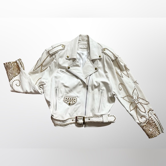 Vintage 1980s John Michael White Leather Studded Rhinestone Jacket Large - Picture 1 of 9